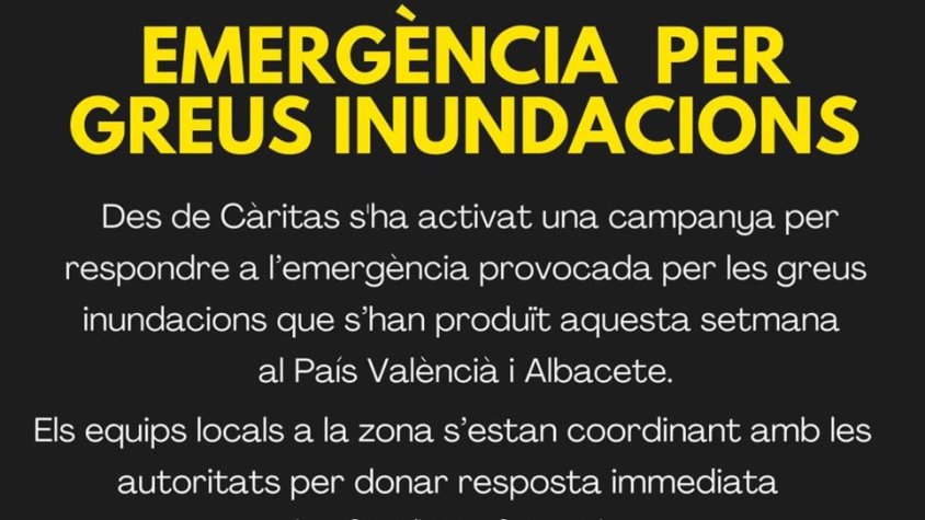 Càritas engega una campanya d’ajudes econòmiques per enviar a la Comunitat Valenciana i ja ha recollit 30.000 euros