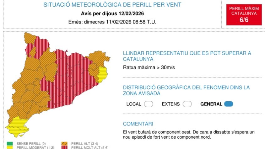 Avís de perill màxim per vent a la Garrotxa per aquest dijous