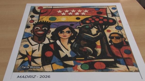Karris exposa a Madrid un quadre amb Vinicus junior, Isabel Diaz Ayuso i Bad Bunny
